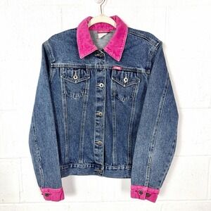 Ethyl Vintage Denim Jean Trucker Jacket Pink Corduroy Trim Skater Indie Y2K SZ M
